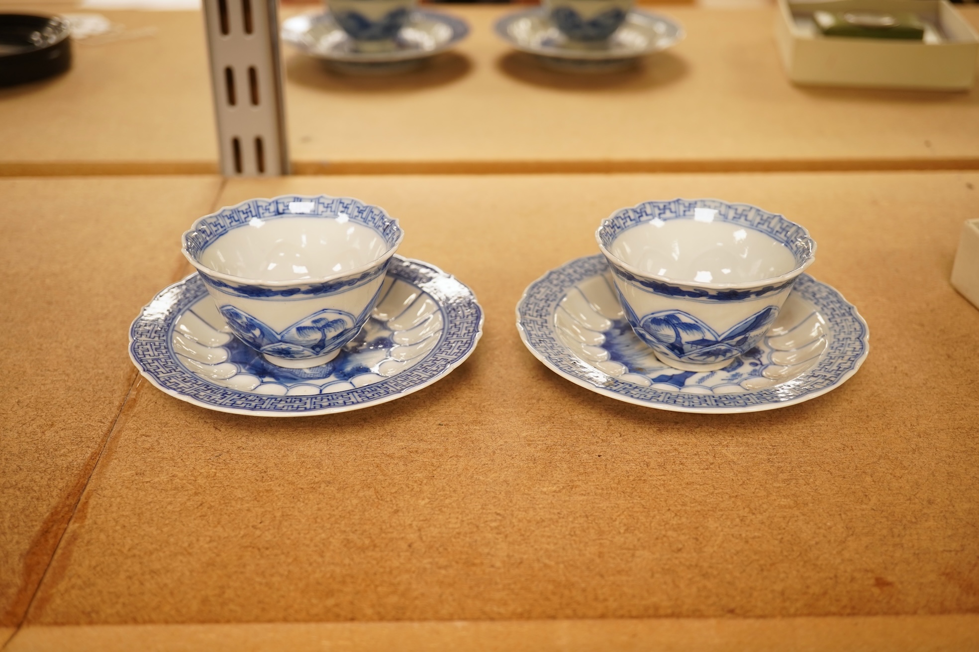 Two Chinese blue and white tea bowls and saucers, saucer 10cm diameter.